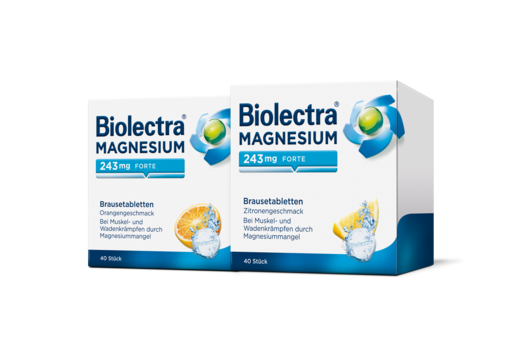 Packshots der Biolectra® Magnesium 243 mg forte Brausetabletten
