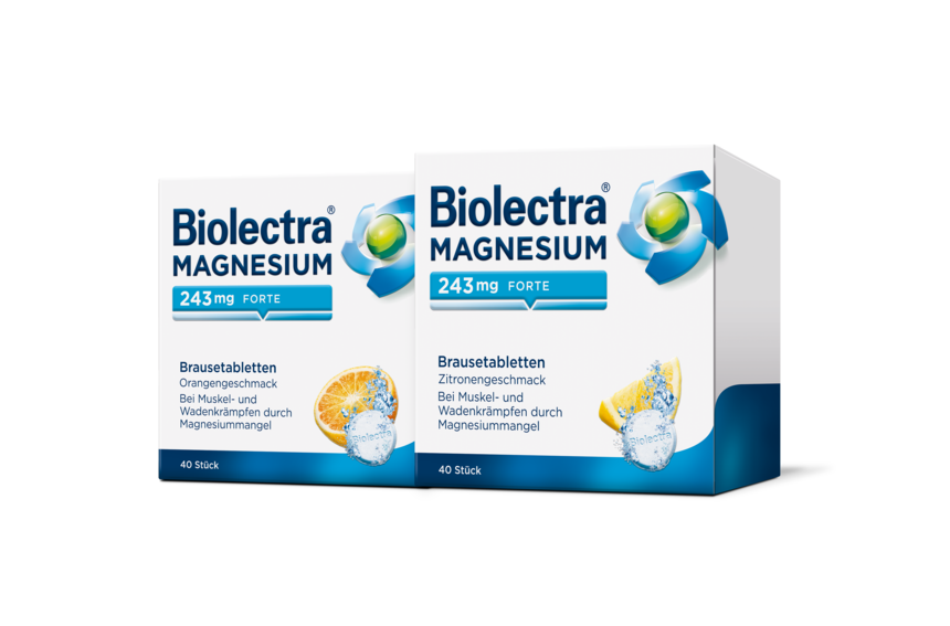Packshots der Biolectra® Magnesium 243 mg forte Brausetabletten