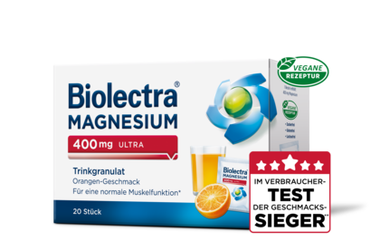 Packshot der Biolectra® Magnesium 400 mg ultra Trinkgranulat Orange 20 Stück mit Verbrauchertest Logo