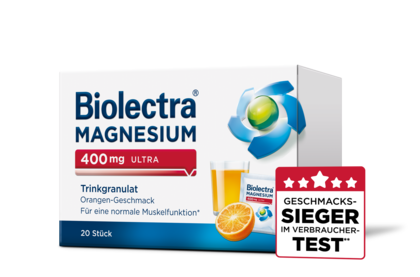 Packshot der Biolectra® Magnesium 400 mg ultra Trinkgranulat Orange 20 Stück mit Verbrauchertest Logo